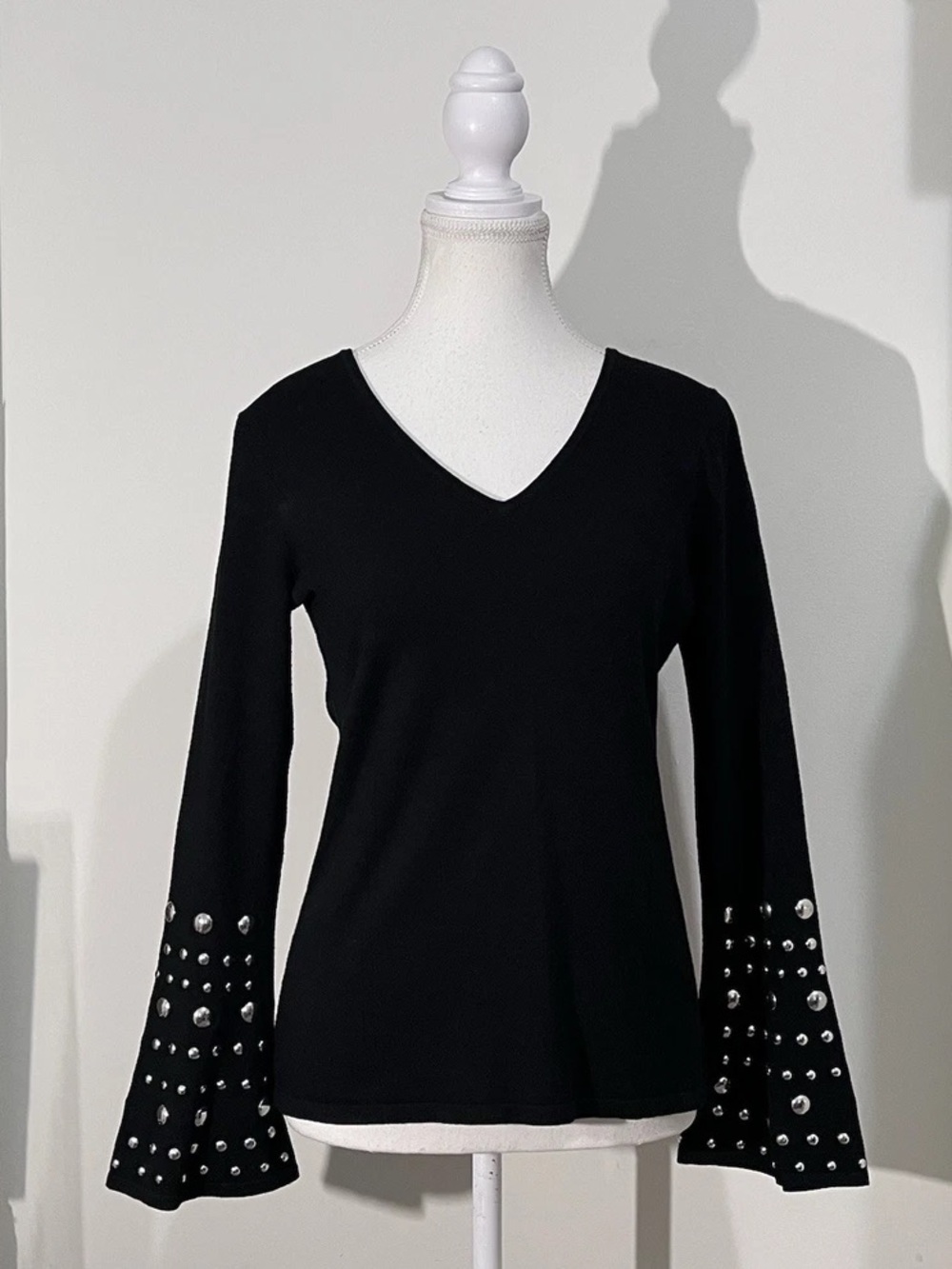 Black V-Neck Bell Sleeve Top with Silver Stud Detail